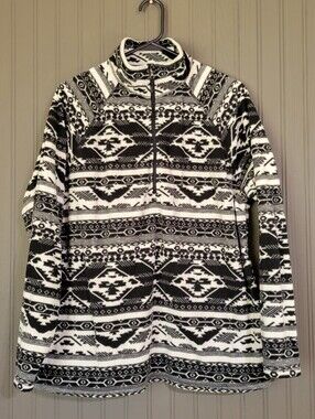 Eddie Bauer Fleece Quarter Zip Sweater Aztec Print Black White Women's XXL
